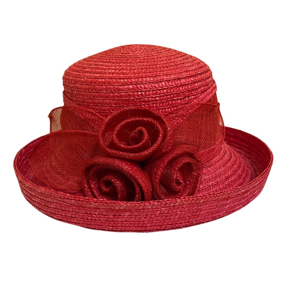 Betmar New York Tea Derby Straw Hat Rolled Brim Roses Flowers Ladies Church Hat